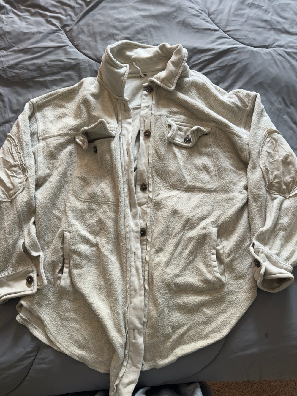 Free People Cream Fleece Button Front Shacket Jacket Size Small